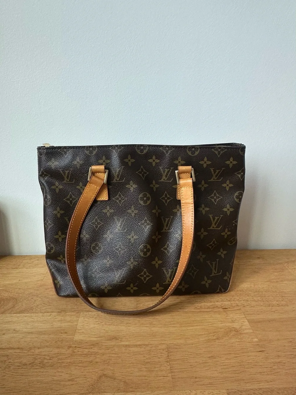 Authentic Louis Vuitton Canas Piano 2005 Monogram Canvas Tote Tan Leather Straps